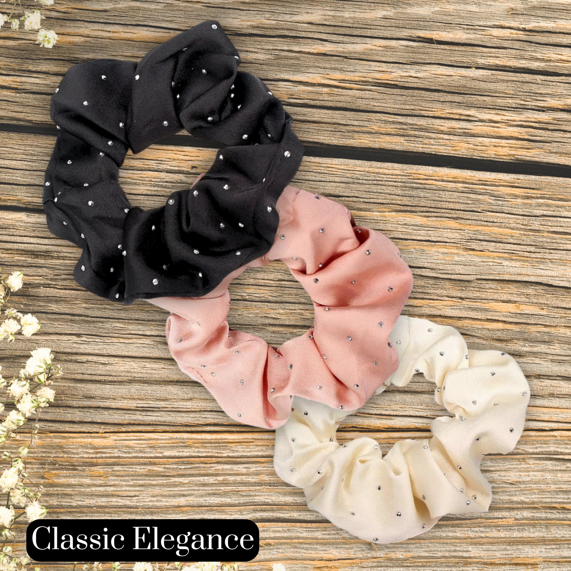 black, rose gold, cream satin rhinestone scrunchie set in Classic Elegance. 