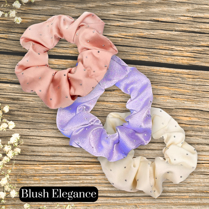 satin rhinestone scrunchie set in rose gold, lavender and cream sold in the blush elegance set.