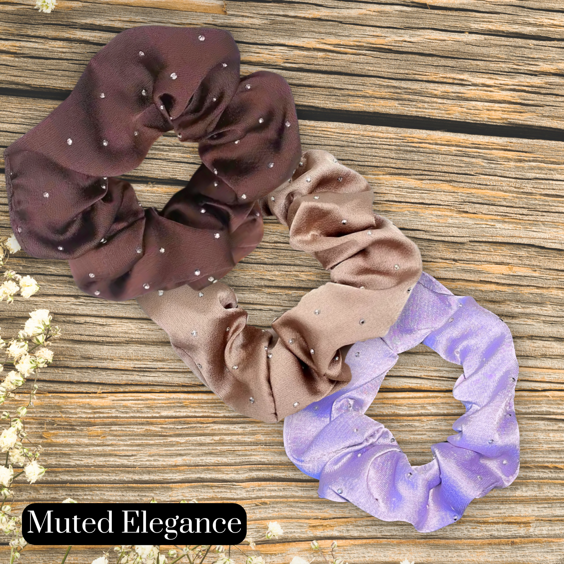 satin rhinestone scrunchie set in coffee, mocha and lavender sold in the muted elegance set.