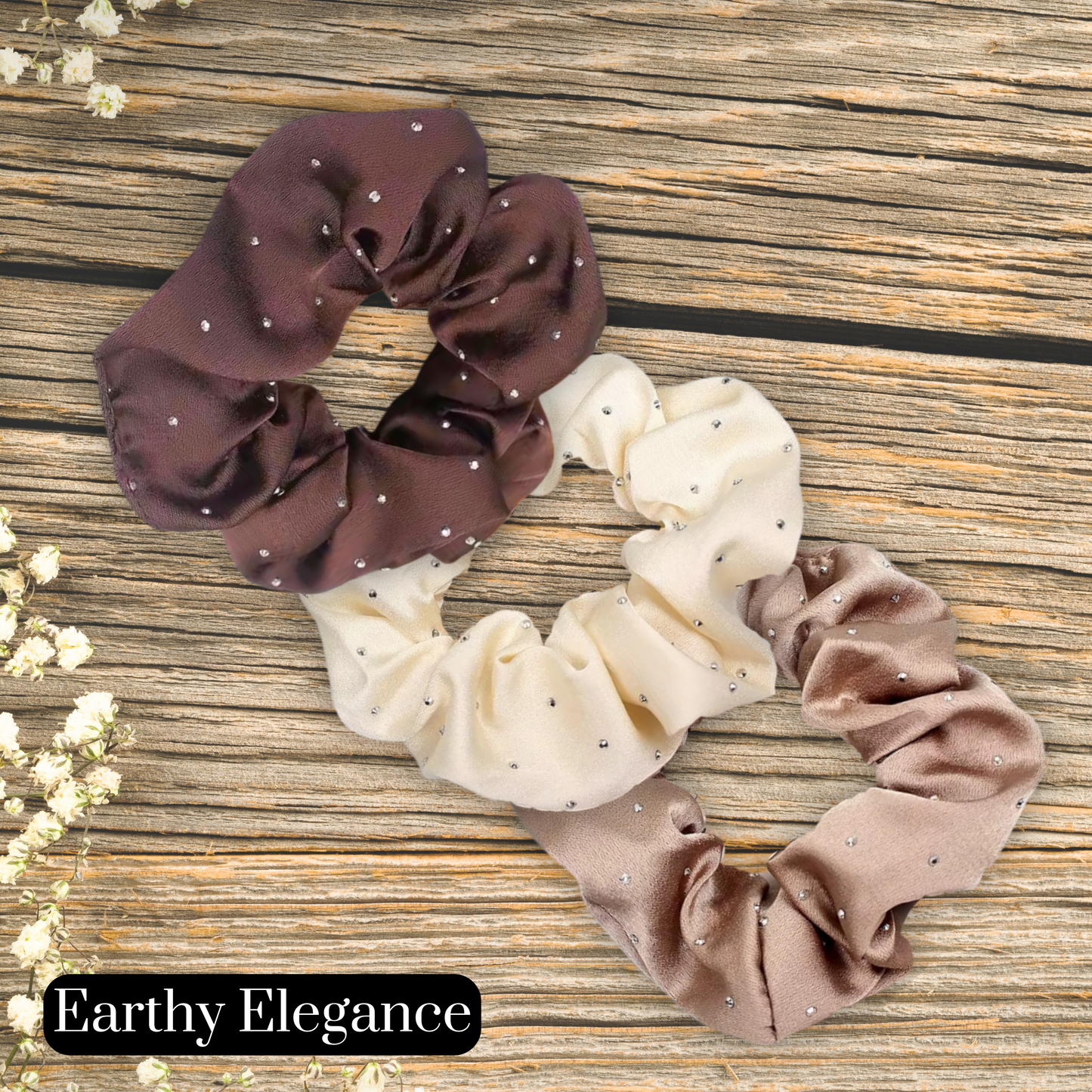 satin rhinestone scrunchie set in coffee, cream, and mocha sold in the Earthy elegance set.