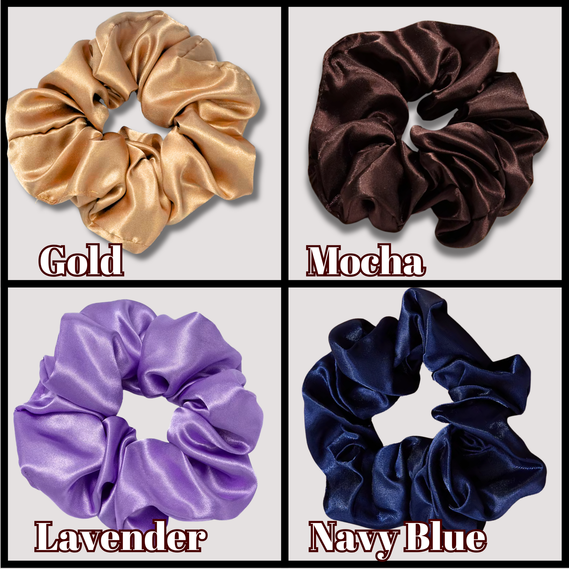 gold, mocha, lavender, and navy blue satin hair scrunchies