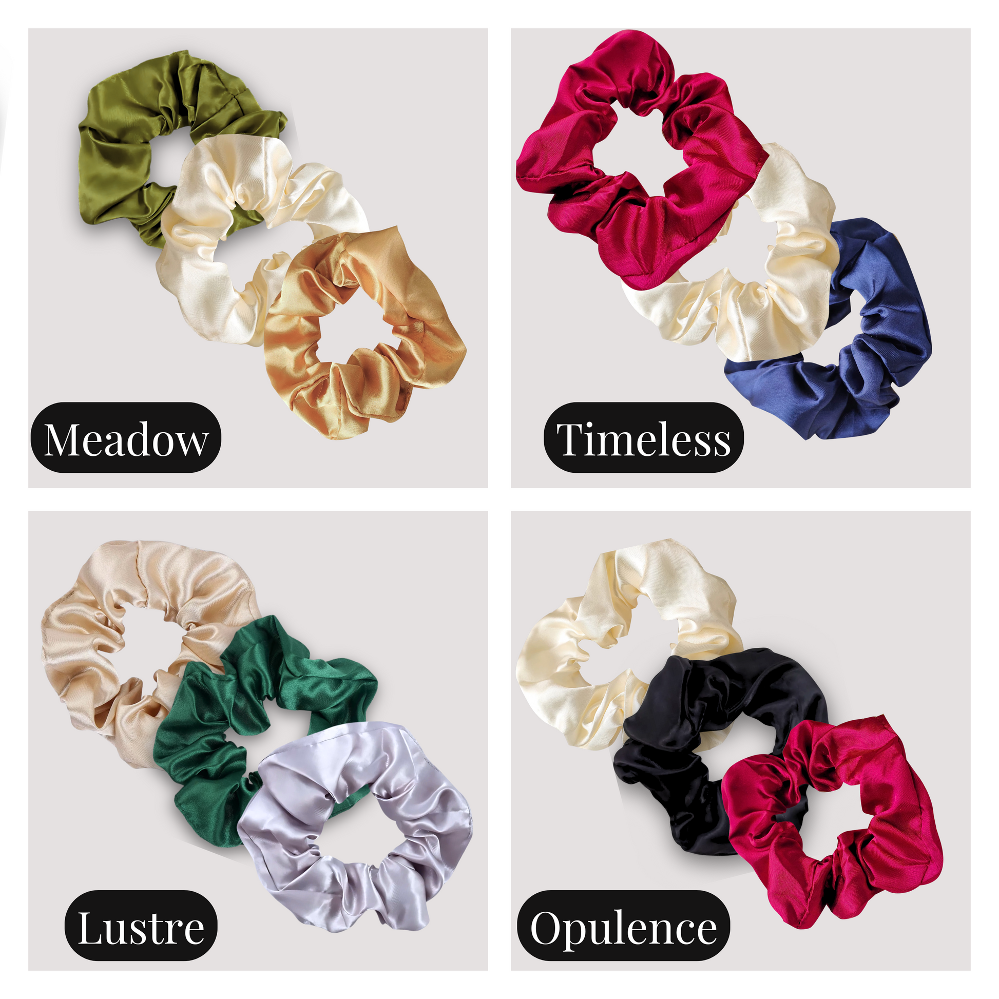 Handmade Satin Scrunchie Set in Meadow, Timeless, Lustre, and Opulence.