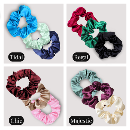 Handmade Satin Scrunchie 3 Piece Sets in Tidal, Regal, Chic and Majestic. 