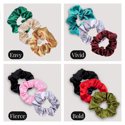 Handmade satin scrunchies 3 piece set in Envy, Vivid, Fierce and Bold.