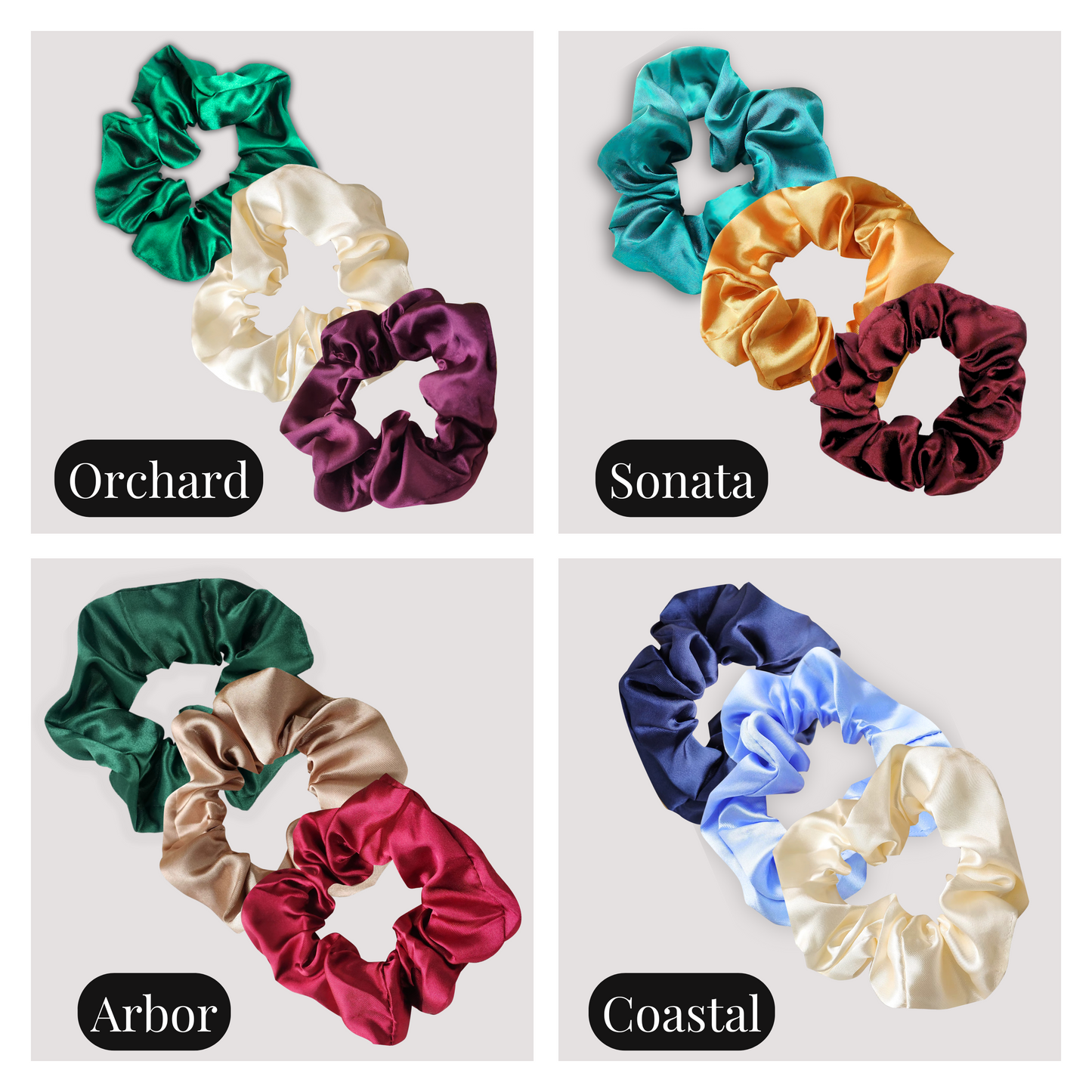 handmade satin scrunchies 3 piece sets in Orchard, Sonata, Arbor and Coastal. 