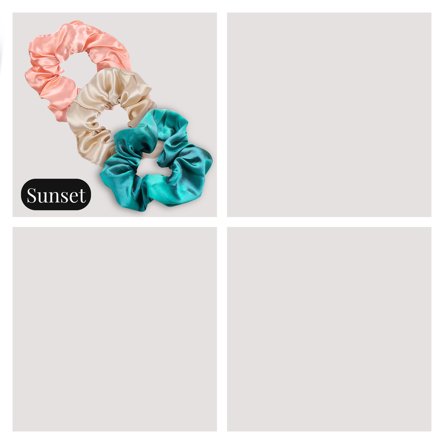 "Sunset" 3 piece handmade satin scrunchie set which includes a peach, champagne and teal small scrunchie