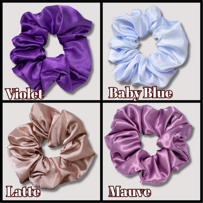 violet, baby blue, latte, mauve colored satin scrunchies