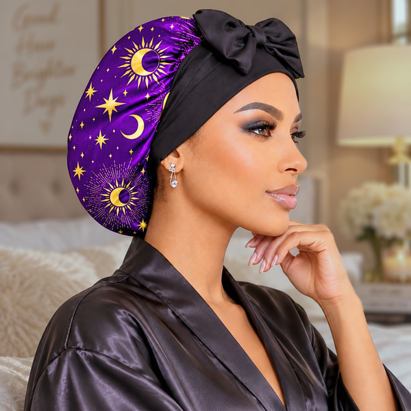 Celestial Dream silk-blend satin bonnet with stretch ties, small size – side profile of the purple moon-and-star print with black bow