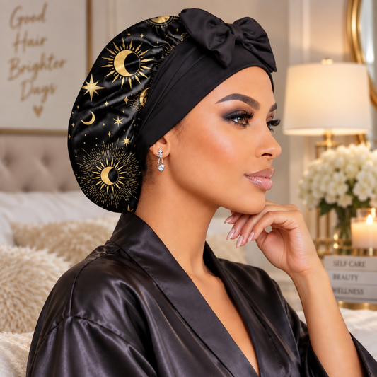 A woman in a black satin robe wearing a black satin turban headwrap decorated with gold celestial patterns, posing in a beautifully lit bedroom setting.
