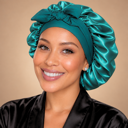 Teal Green silk-blend satin bonnet with stretch ties, small size – front view with matching bow, worn with a black satin robe