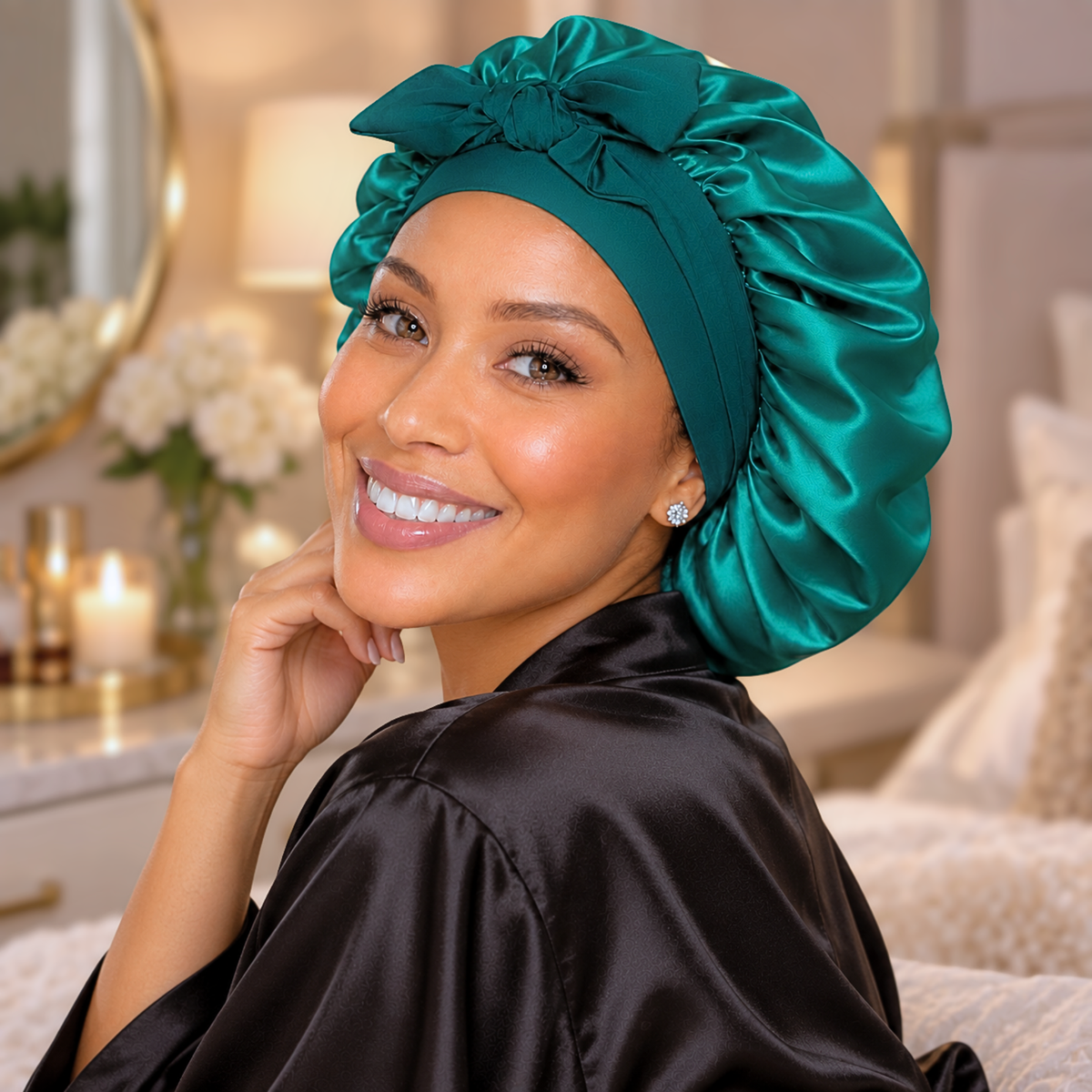Teal Green silk-blend satin bonnet with stretch ties, small size – side view, worn by a smiling woman in a bedroom