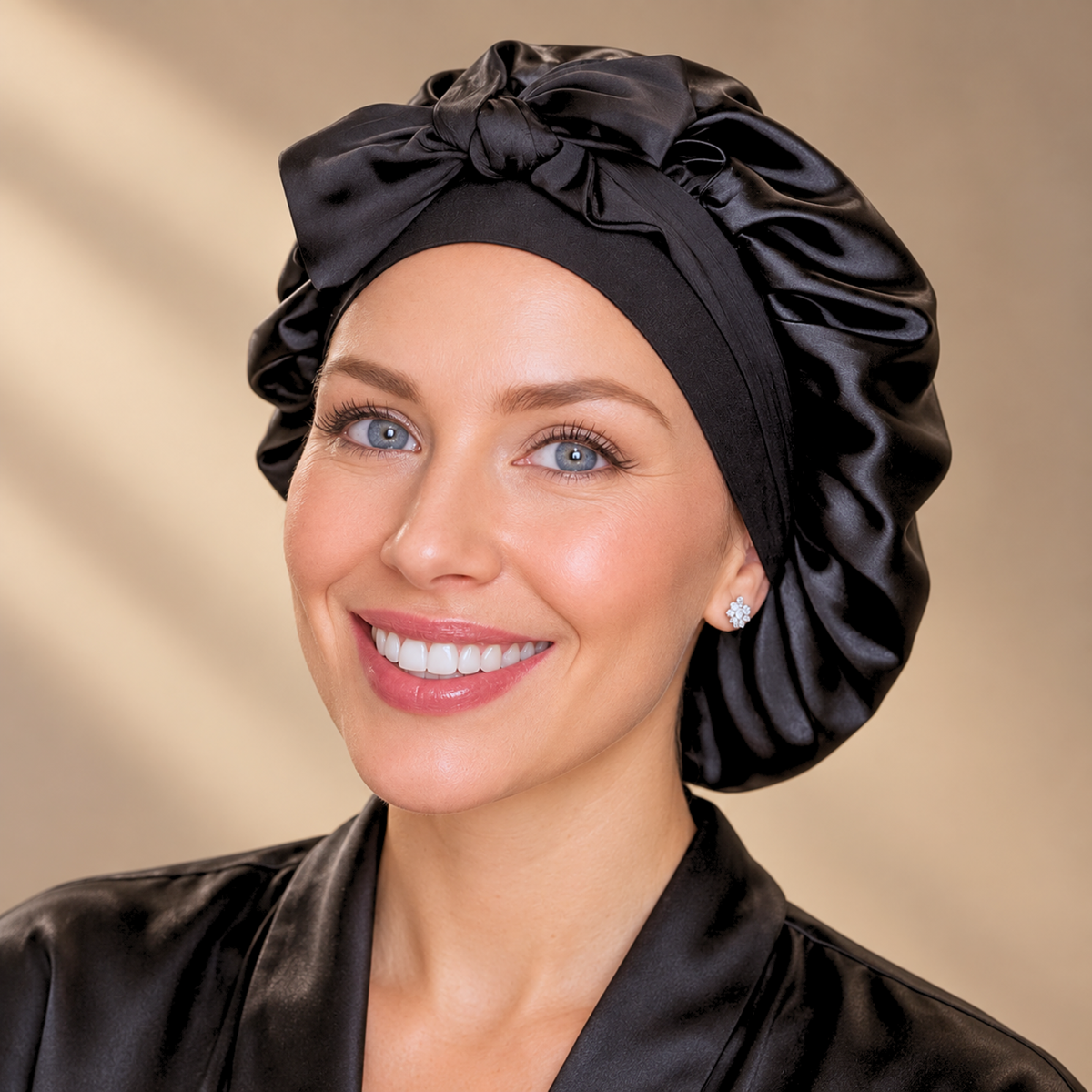 Black silk-blend satin bonnet with stretch ties, small size – front view on a smiling woman in a black satin robe