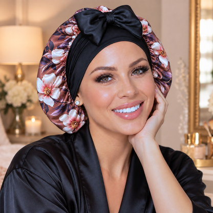 Brown Magnolias silk-blend satin bonnet with stretch ties, small size – worn by a smiling woman in a softly lit bedroom