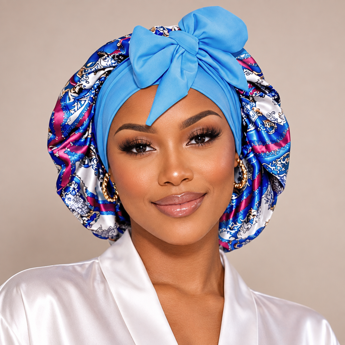 A woman wearing a bright blue satin bonnet with a large bow on top and a blue, pink, and white patterned satin side section, paired with a white satin robe against a neutral beige background.