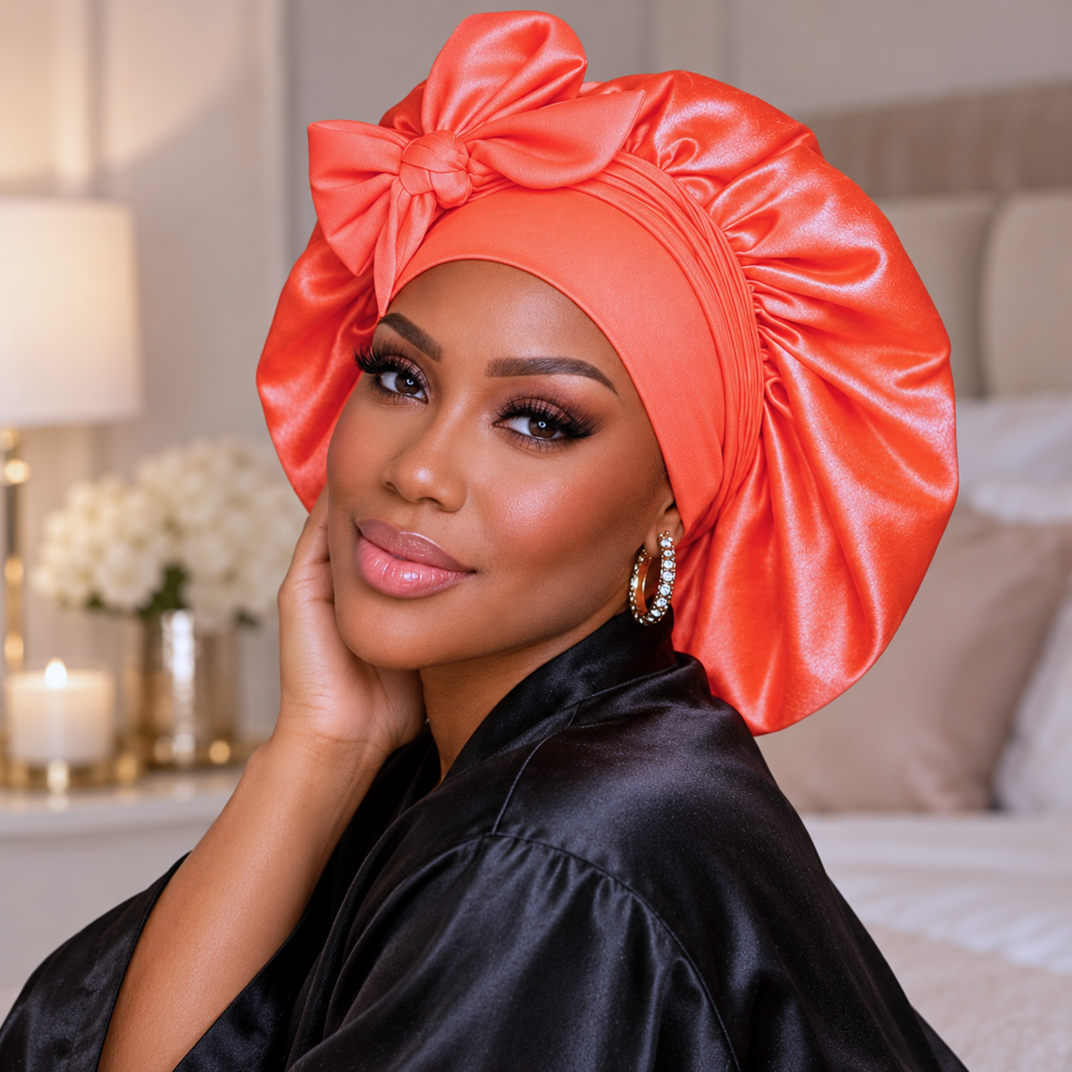Neon orange satin bonnet with matching bow, shown from a side angle in a bedroom