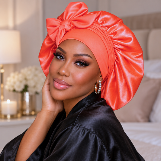 A woman wearing a bright coral-orange satin turban headwrap with a large bow, paired with a black satin robe, posed in a softly lit bedroom setting.