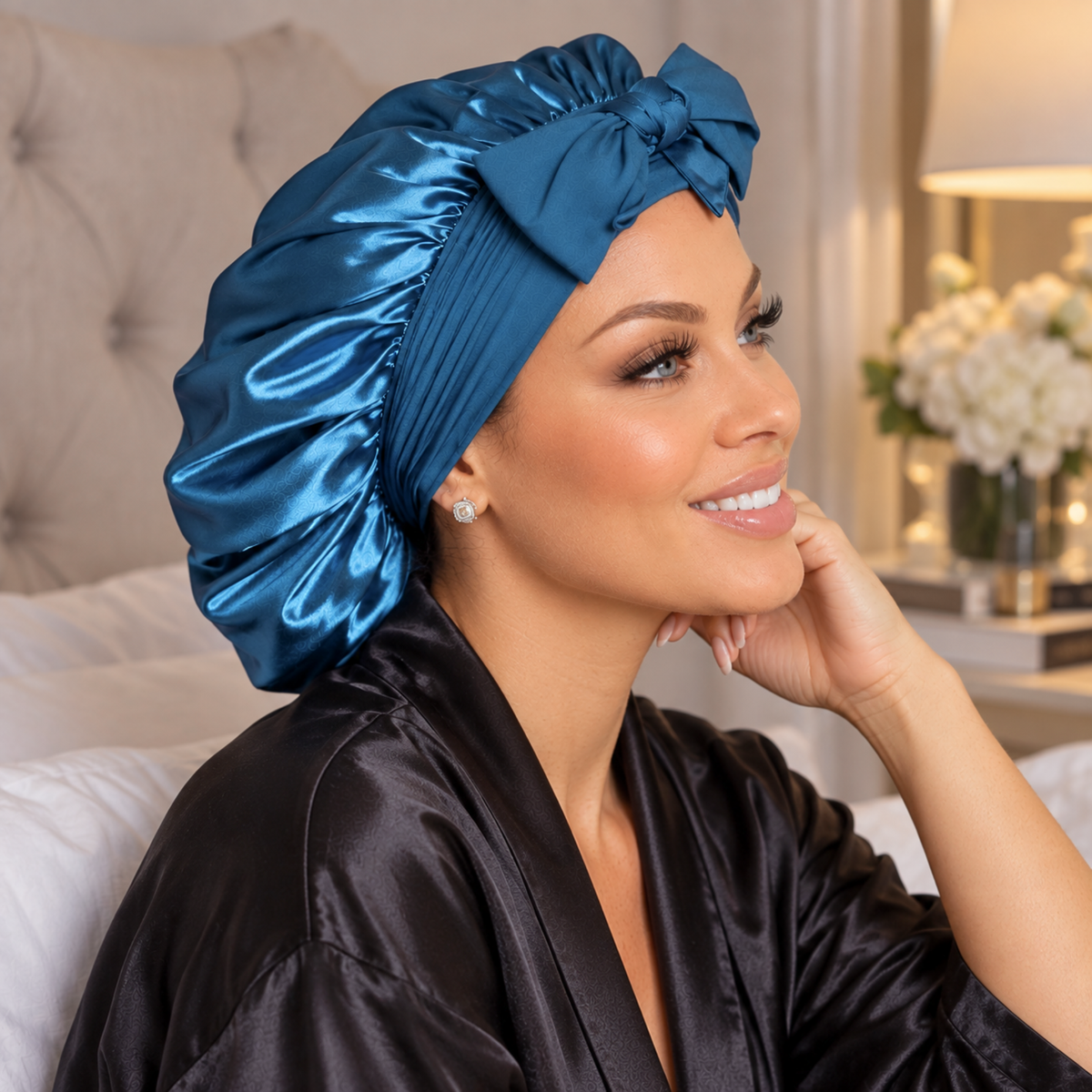 A woman wearing a shiny peacock blue satin bonnet-style hair cover and a black satin robe, posed in a softly lit bedroom setting.
