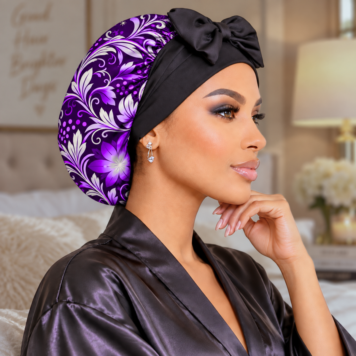 Purple Floral Swirl silk-blend satin bonnet with stretch ties, small size – side profile showing the swirl print and black bow