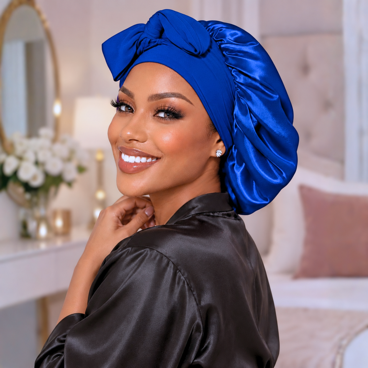 Royal blue satin bonnet with matching bow, worn in a bedroom