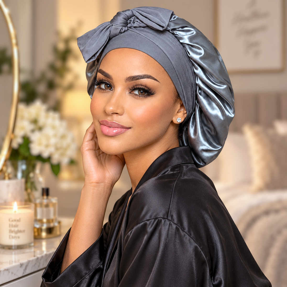Side view of a silver-gray satin bonnet with matching bow in a bedroom