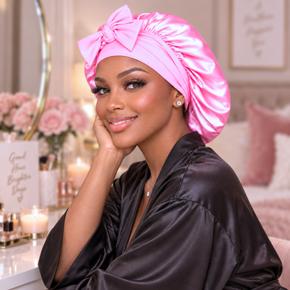 Soft Pink silk-blend satin bonnet with stretch ties, small size – worn by a smiling woman at a vanity in a black satin robe