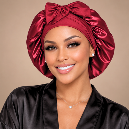 Front view of a small burgundy satin bonnet with matching bow