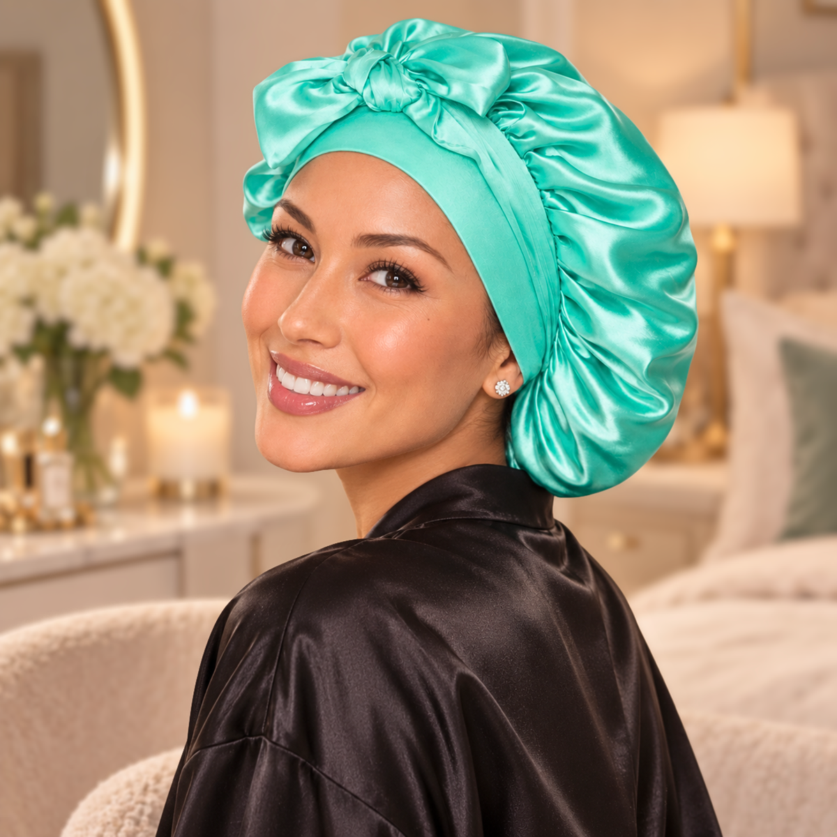Mint Green silk-blend satin bonnet with stretch ties, small size – side view, worn by a smiling woman in a bedroom