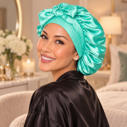 Mint Green silk-blend satin bonnet with stretch ties, small size – side view, worn by a smiling woman in a bedroom