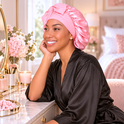 A woman wearing a shiny pink satin shower cap and a black satin robe sits at a vanity table in a bright bedroom setting.