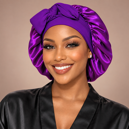 Front view of a small purple satin bonnet with matching bow