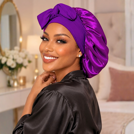 A woman wearing a shiny purple satin chef's hat headwrap and a black satin robe, posing in a softly lit bedroom setting.