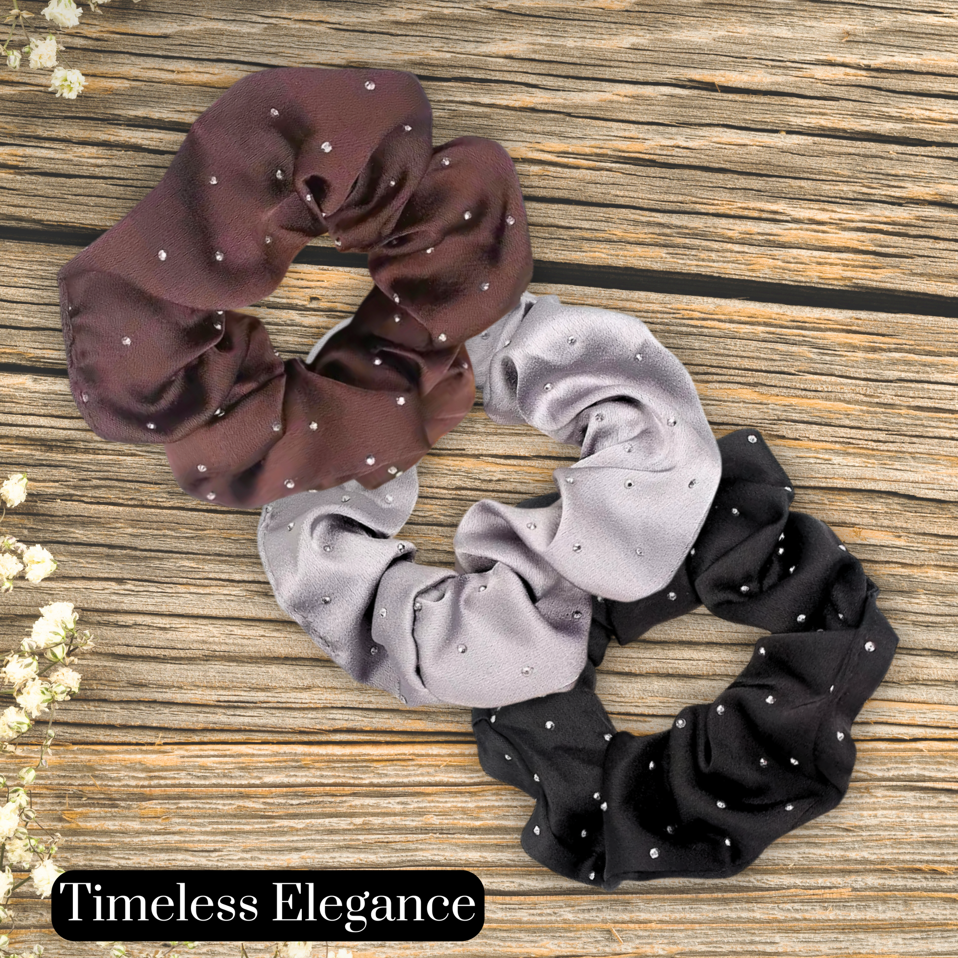 satin rhinestone scrunchie set in coffee, silver and black sold in the Timeless elegance set.