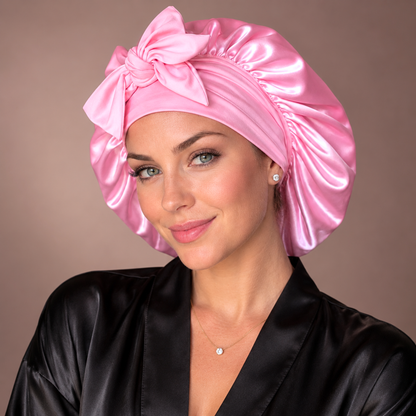 Soft Pink silk-blend satin bonnet with stretch ties, large size – front view with matching pink bow, worn with a black satin robe