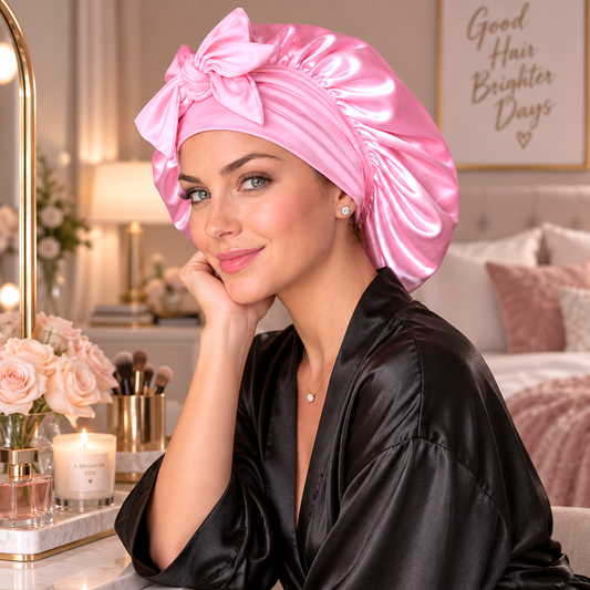 Soft Pink silk-blend satin bonnet with stretch ties, large size – side view with pink bow, worn in a softly lit bedroom