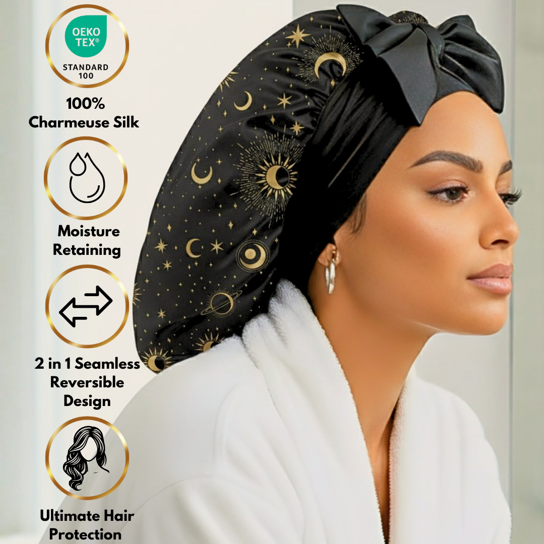 Charmeuse Silk Satin Bonnet with Adjustable Stretch Ties for All Hair Types | Comfortable Cosmic Celestial Print Satin Sleep Cap for Natural, Curly, Coily, Wavy, and Straight Hair