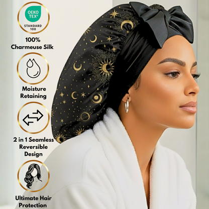 Charmeuse Silk Satin Bonnet with Adjustable Stretch Ties for All Hair Types | Comfortable Cosmic Celestial Print Satin Sleep Cap for Natural, Curly, Coily, Wavy, and Straight Hair