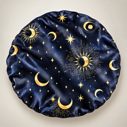back side of a round satin bonnet featuring a celestial pattern of gold crescent moons, stars, and sunburst designs on a deep navy blue background, shown against a light beige background.