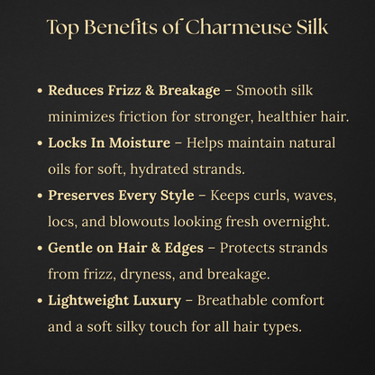 Infographic explaining what Charmeuse silk is in simple terms for everyday consumers. It describes that Charmeuse silk is a luxurious, lightweight fabric woven with a satin weave that gives it a glossy front and a soft matte back. The visual compares Charmeuse silk vs regular silk and polyester satin, highlighting its durability, breathability, smooth texture, and moisture-retaining benefits for hair and skin.