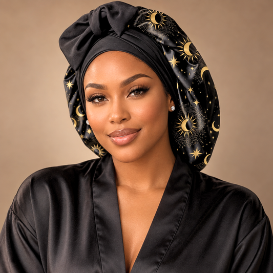 A woman wearing a black satin robe and a matching black satin bonnet with a gold celestial print of stars, crescent moons, and suns, set against a solid warm beige background.