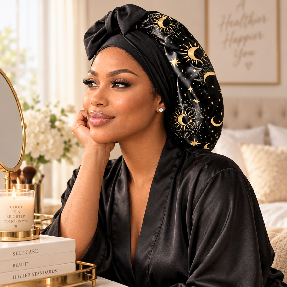 A woman in a black satin robe wearing a black satin turban headwrap decorated with gold celestial patterns, posing in a beautifully lit bedroom setting.