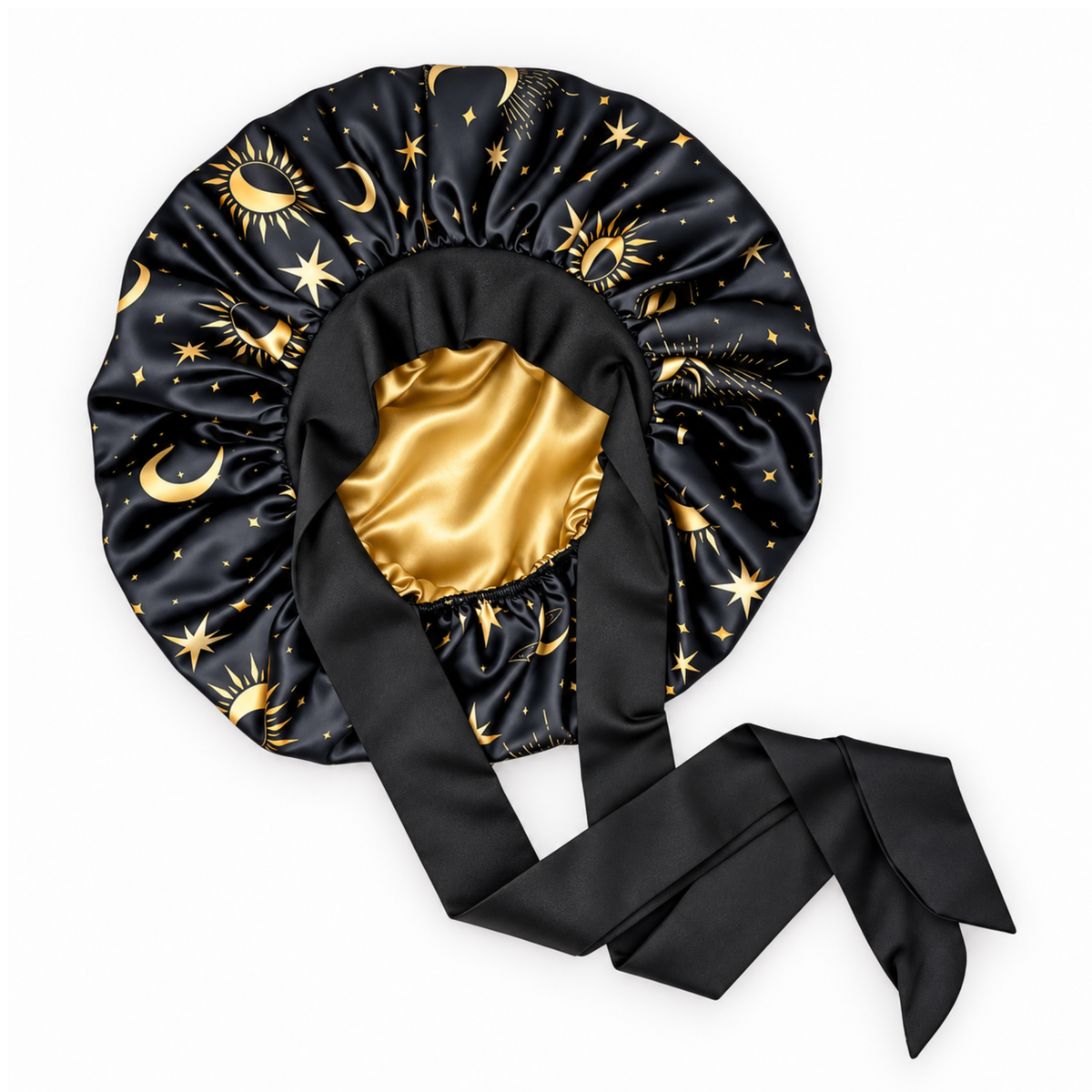 Starry Night bonnet laid flat with gold satin lining and long black stretch ties