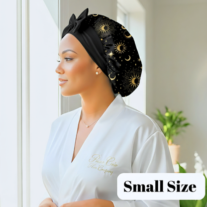 Charmeuse Silk Satin Bonnet with Adjustable Stretch Ties for All Hair Types | Comfortable Cosmic Celestial Print Satin Sleep Cap for Natural, Curly, Coily, Wavy, and Straight Hair