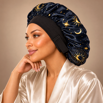 A woman wearing a black satin sleep cap with a gold celestial print of stars, moons, and suns, paired with a black adjustable headband and a cream satin robe, set against a solid beige background.