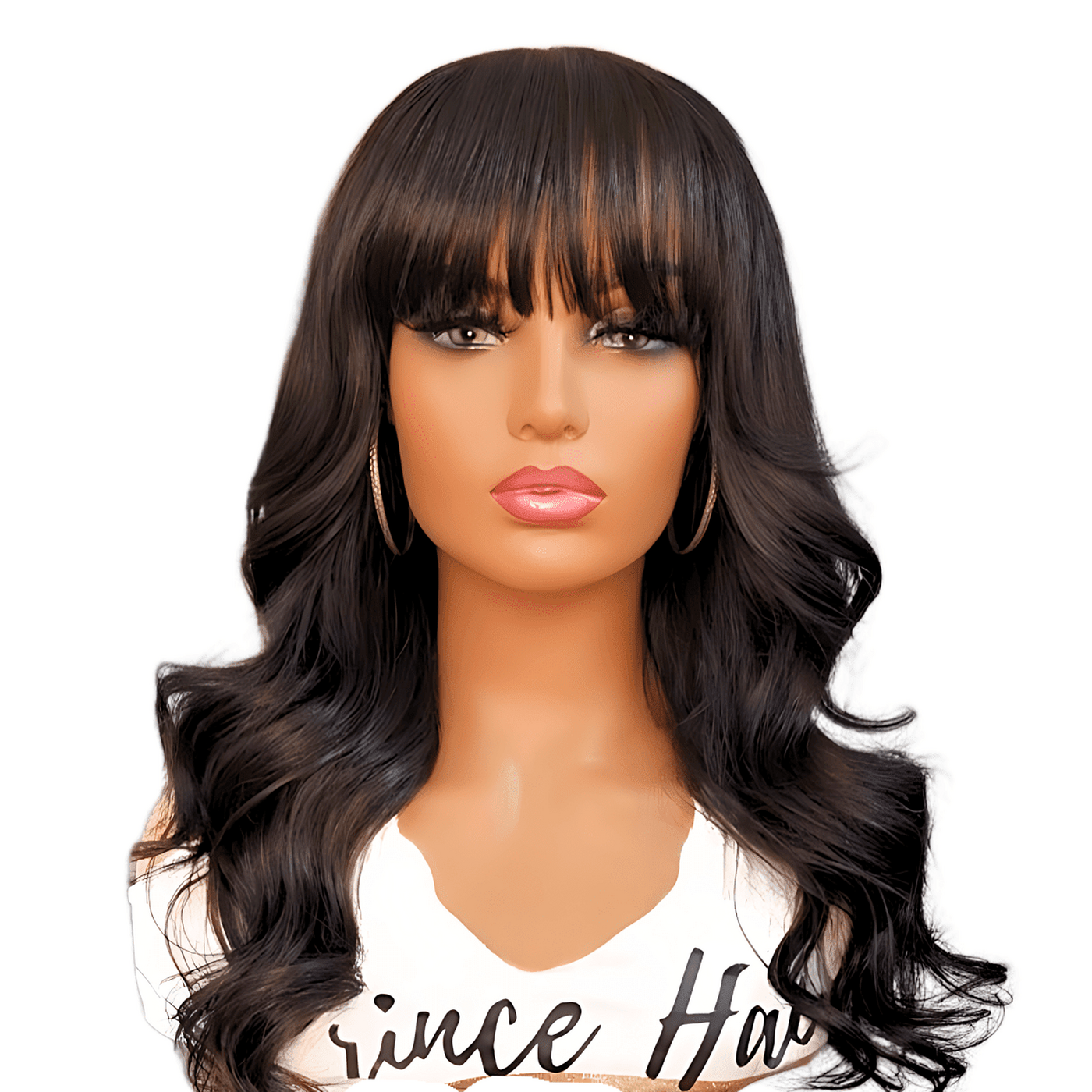 Stephanie Brazilian human hair wig with bangs and long layers on mannequin