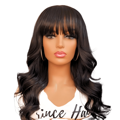 Stephanie Brazilian human hair wig with bangs and long layers on mannequin