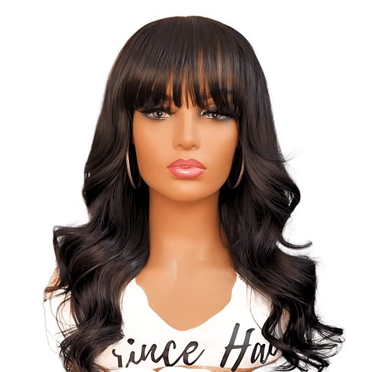 Stephanie Brazilian human hair wig with bangs and long layers on mannequin