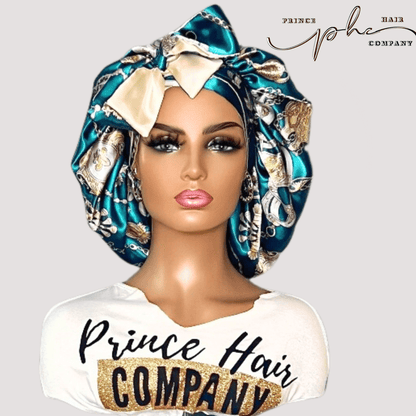 Teal & Gold Chains ALL Satin Reversible Bonnet - PHC