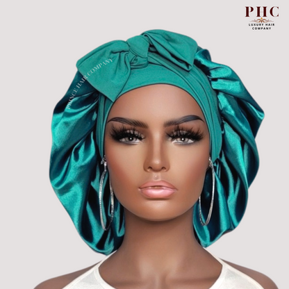 Satin-Lined Stretch Tie Satin Bonnet - Teal Green