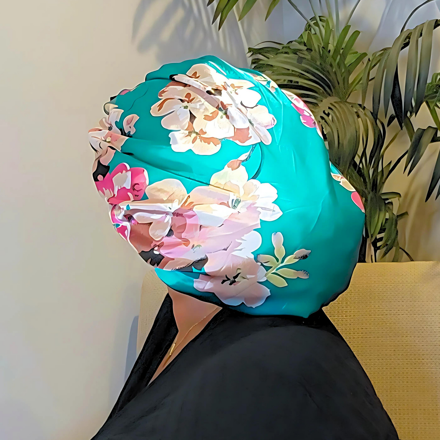 Teal Flowers Satin Lined STRETCH Tie Bonnet