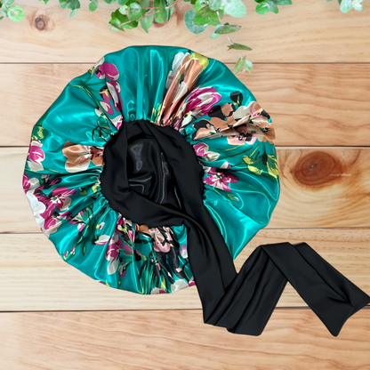 Teal Flowers Satin Lined STRETCH Tie Bonnet